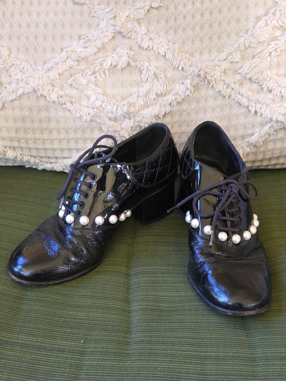 Chanel Faux Pearl Patent Leather Oxfords 37.5